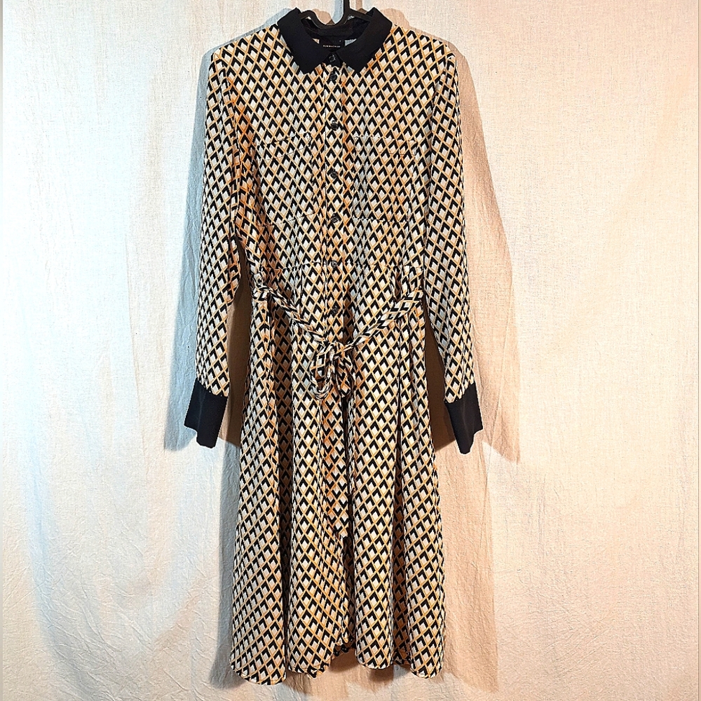 Sleeved Shirt Dress  🔶 🤍Orange & Black Pattern Collared Tie Belt